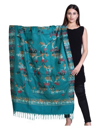 Reversible Woolen Kullu Shawl with Multicolor Pattern | Teal colour