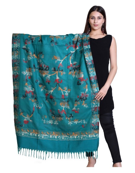 Reversible Woolen Kullu Shawl with Multicolor Pattern | Teal colour