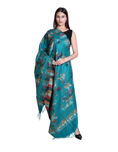 Reversible Woolen Kullu Shawl with Multicolor Pattern | Teal colour