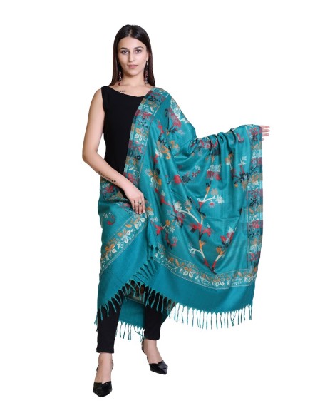 Reversible Woolen Kullu Shawl with Multicolor Pattern | Teal colour