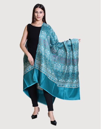 All-Over Floral Embroidered Traditional Winter Shawl | Teal