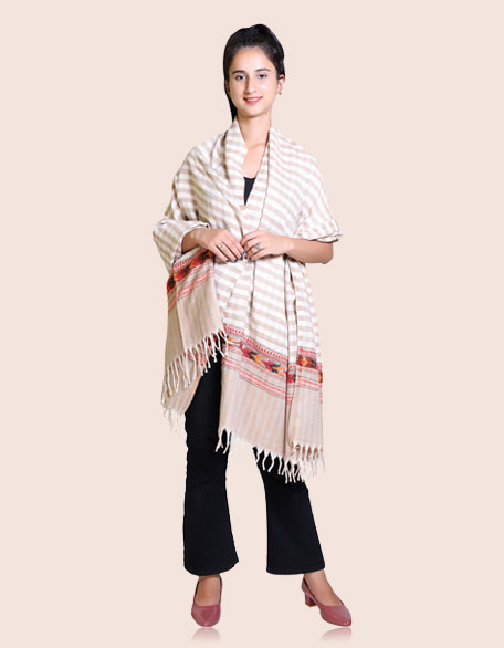 Women's Woollen Kullu Shawl, Beige  